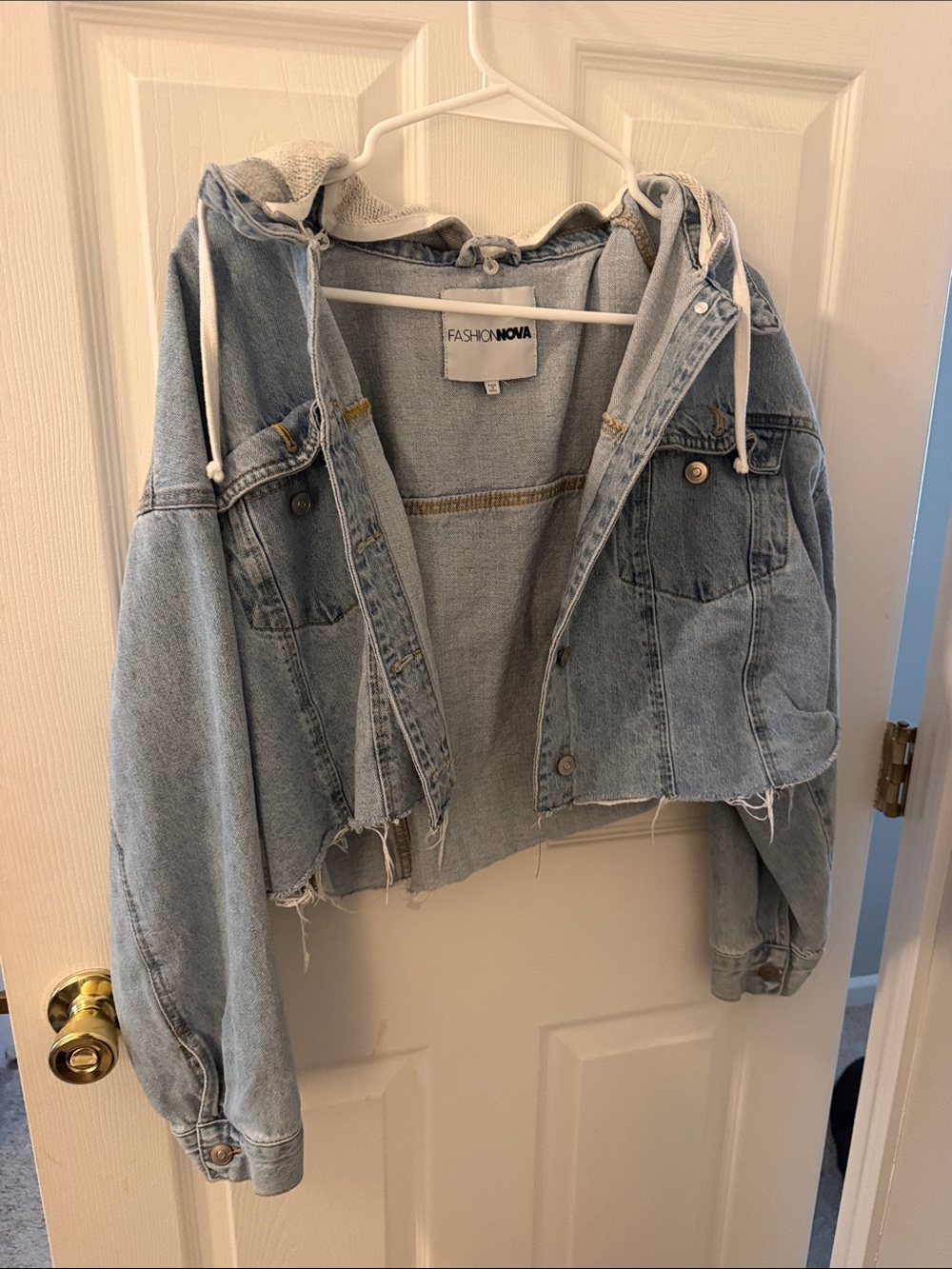 Fashion Nova Light Blue Cropped Hooded Denim Jacket